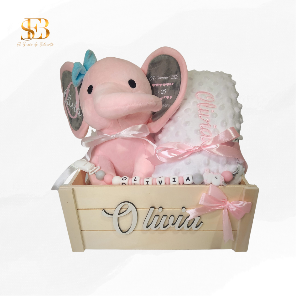 Pack Recuerdos personalizado para recién nacido con caja de madera, peluche y mantita - El Sueño de Belmonte