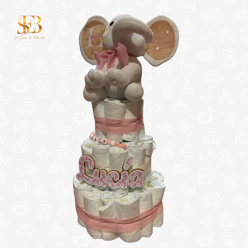 Tarta de pañales personalizada con elefante natalicio y chupetero para baby shower – El Sueño de Belmonte