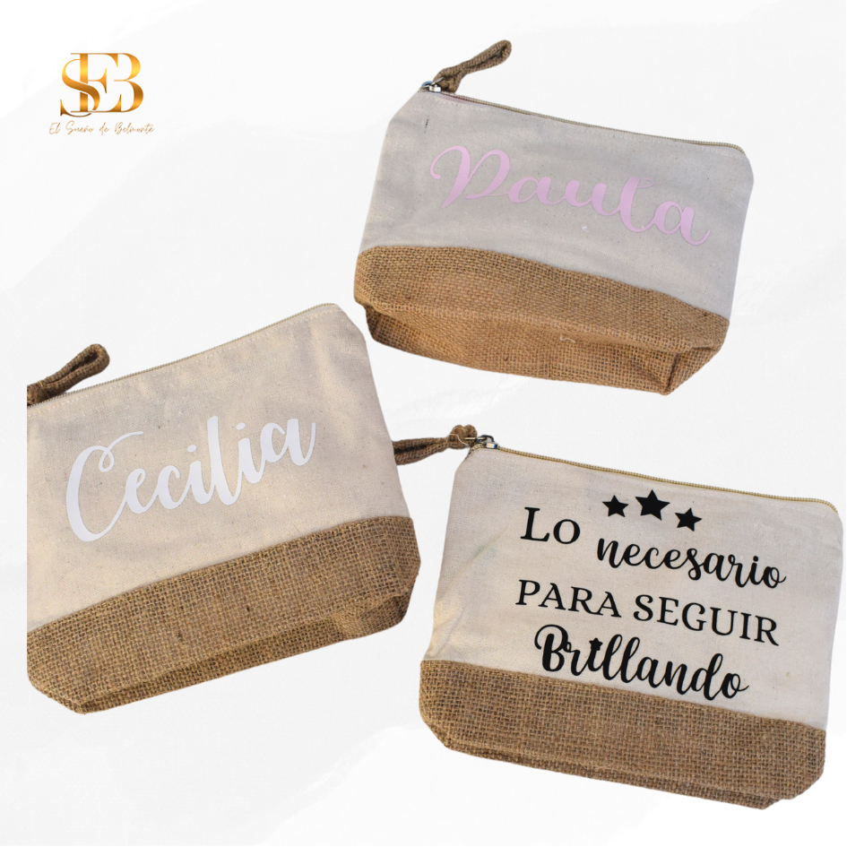 Neceser personalizado Dona en algodón y yute para regalar a invitados de boda - El Sueño de Belmonte