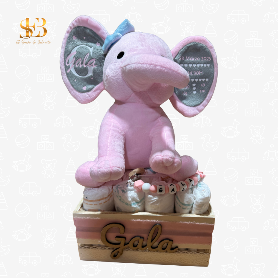 Cesta de bebé personalizada con elefante natalicio y chupetero – El Sueño de Belmonte