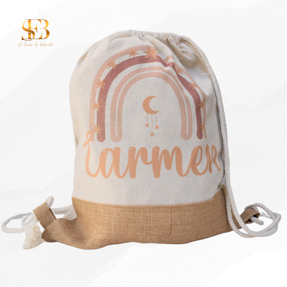 Mochila de cuerdas de yute, detalle de la personalización - El Sueño de Belmonte