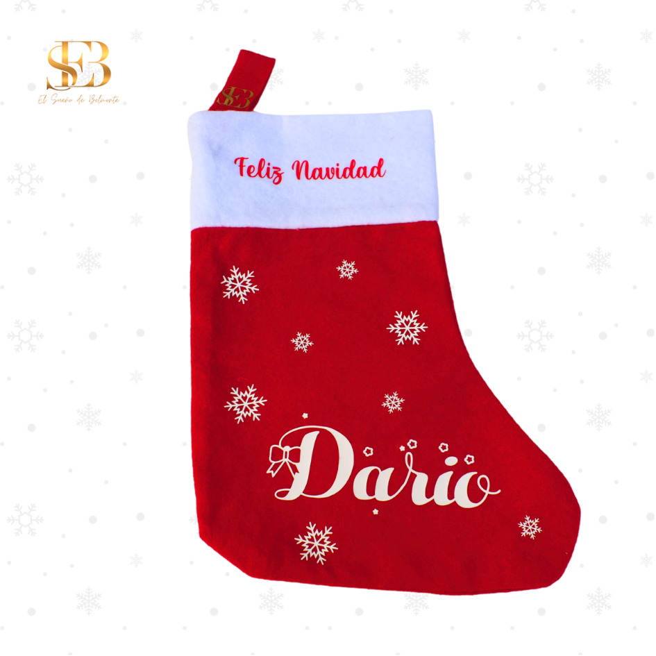 Calcetín Navideño Personalizado en rojo y blanco para colgar en Navidad – El Sueño de Belmonte