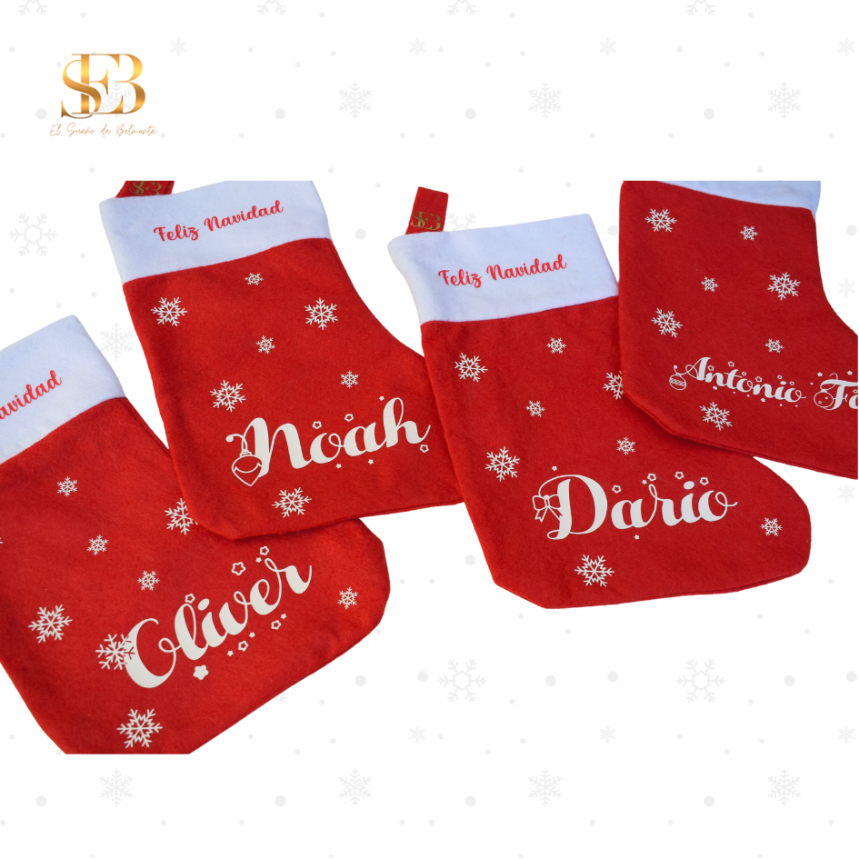 Calcetín Navideño Personalizado en rojo y blanco para colgar en Navidad – El Sueño de Belmonte