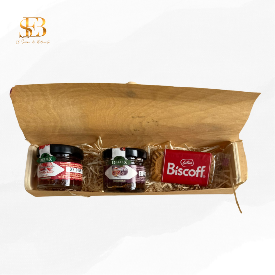 Estuche de bambú personalizado con mermeladas artesanas para invitados - El Sueño de Belmonte