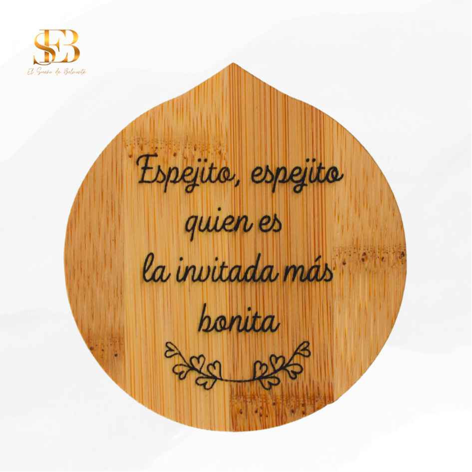 Espejo de bolsillo en bambú personalizado, regalo para invitados de boda - El Sueño de Belmonte