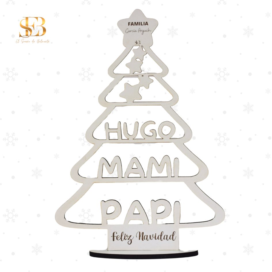 Árbol de Navidad familiar en madera personalizado con nombres - El Sueño de Belmonte