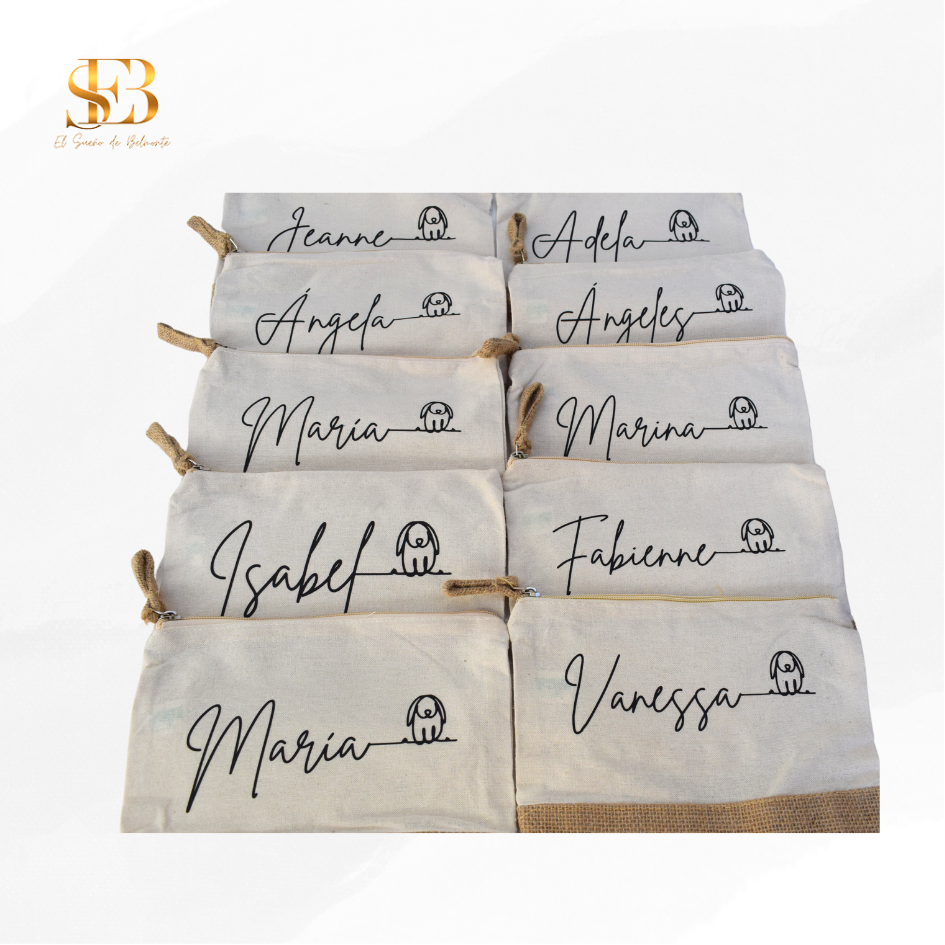 Neceser personalizado Dona en algodón y yute para regalar a invitados de boda - El Sueño de Belmonte