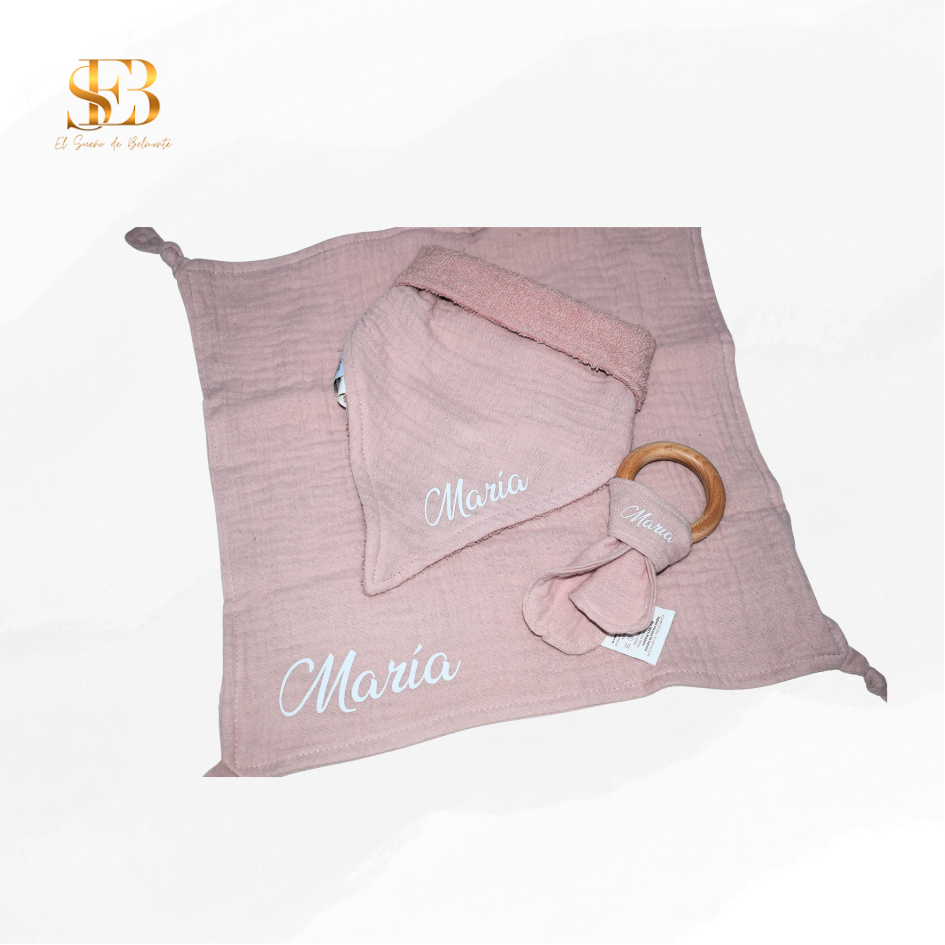 Pack Bambino personalizado para bebé, doudou, mordedor y bandana - El Sueño de Belmonte