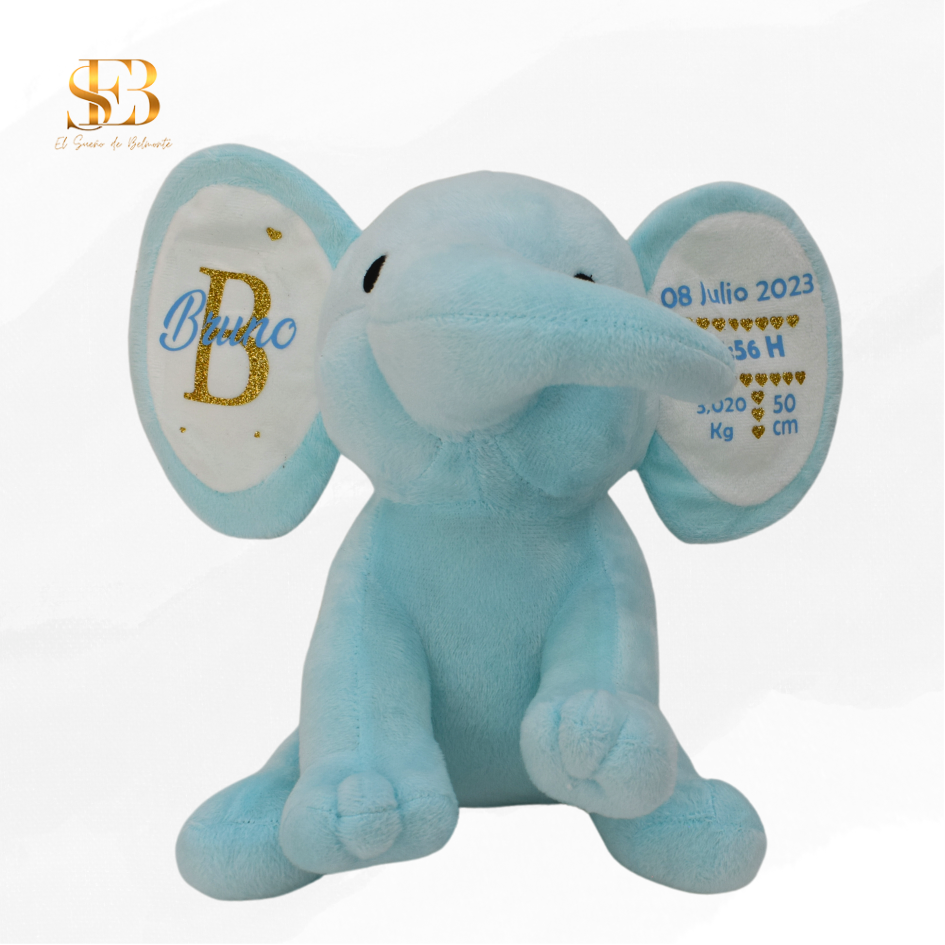 Peluche de Elefante Natalicio personalizado con datos de nacimiento – El Sueño de Belmonte