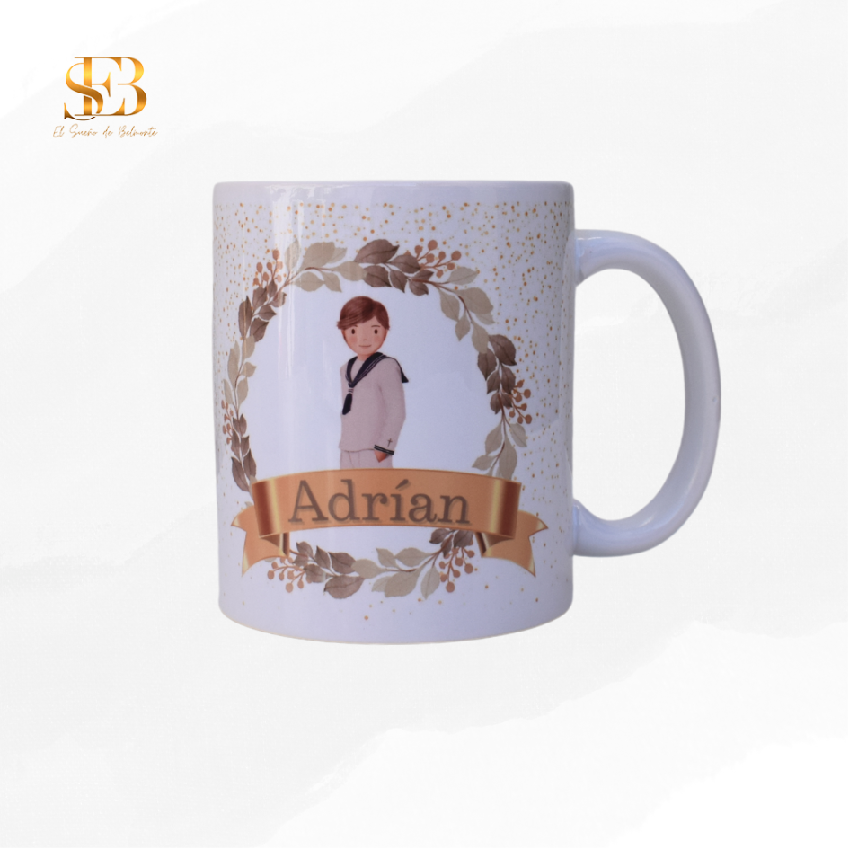 Taza personalizada para Comunión en cerámica con muñeco grabado - El Sueño de Belmonte
