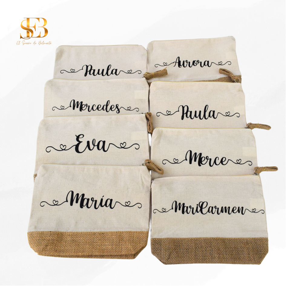 Neceser personalizado Dona en algodón y yute para regalar a invitados de boda - El Sueño de Belmonte