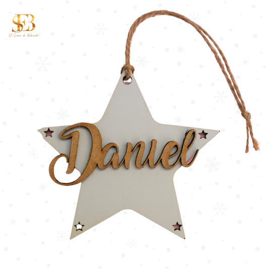 Adorno navideño estrella personalizado, de madera con nombre
