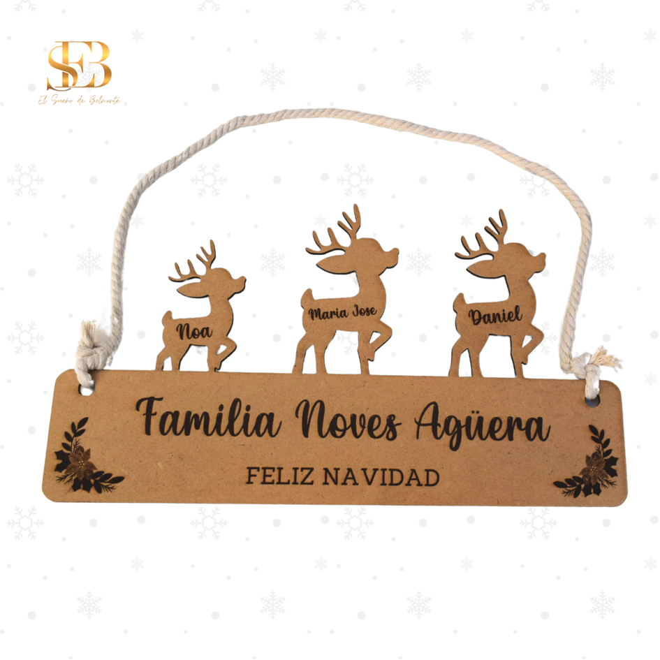 Cartel navideño de renos en madera personalizado, bienvenida de Navidad - El Sueño de Belmonte