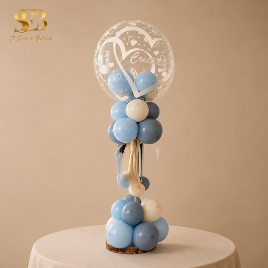 centro mesa rodaja madera con globos