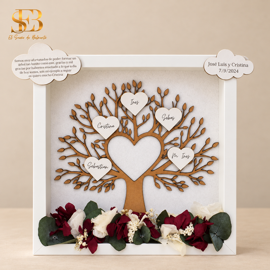 Marco Árbol Familiar personalizado en madera con flores burdeos y blanco - dedicatoria José Luis y Cristina - El Sueño de Belmonte