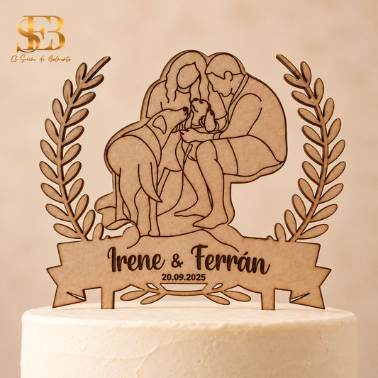 Cake topper de boda personalizado con silueta de familia y mascota - El Sueño de Belmonte