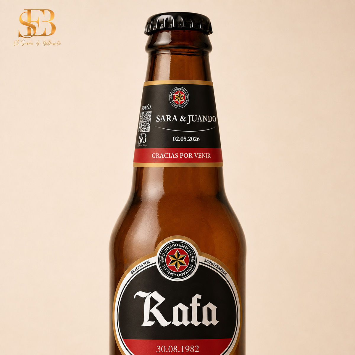 Botella de cerveza personalizada con etiqueta frontal y etiqueta de cuello a juego