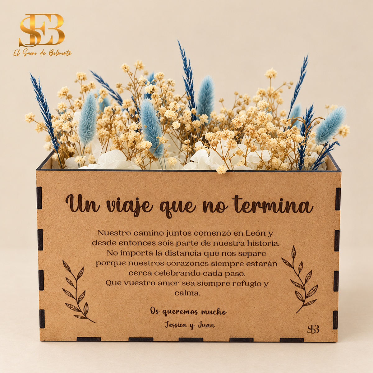 Cuadro de flores preservadas personalizado con dedicatoria de aniversario - El Sueño de Belmonte