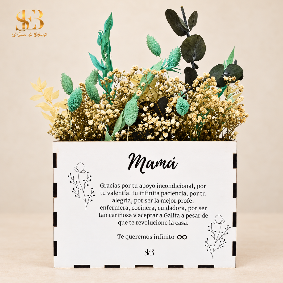 Cuadro de flores preservadas personalizado con dedicatoria para Mamá - El Sueño de Belmonte
