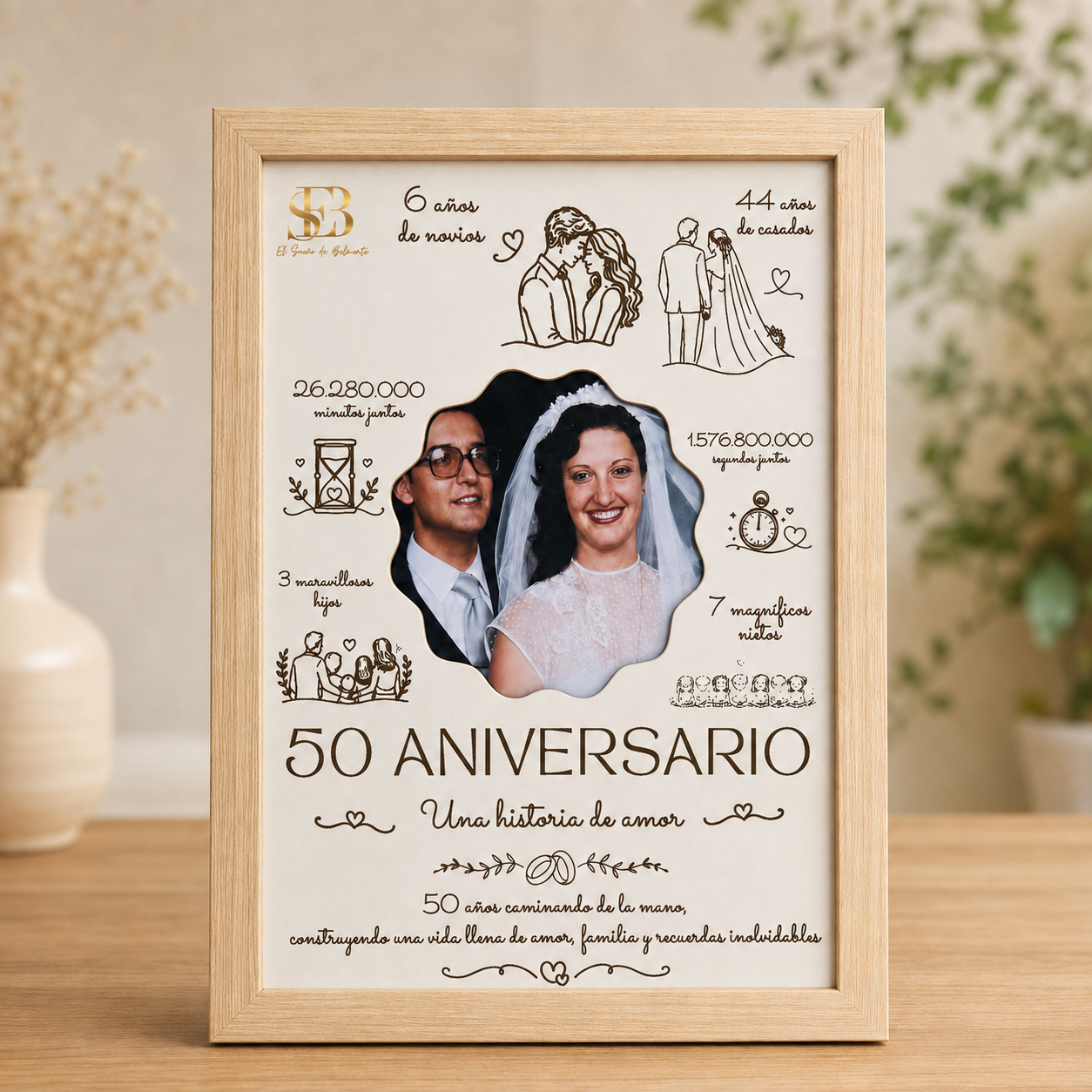 Cuadro personalizado para 50 aniversario con foto de boda, momentos especiales y marco de madera