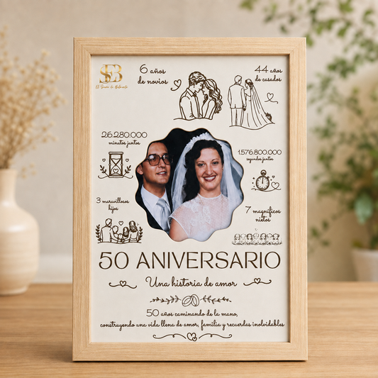 Cuadro personalizado para 50 aniversario con foto de boda, momentos especiales y marco de madera
